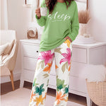Women's 2 Piece Pajama Set Letter Long Sleeve Top and Floral Straight Leg Pants Casual Loungewear