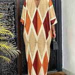 Women's Oversized Argyle Kaftan Maxi Dress V Neck Batwing Sleeve Hollow-out Beach Robe Long Dress with Pockets