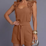 CHICME Women's 2 Piece Shorts Set Ruffle Strap Sleeveless Top and High Waisted Shorts with Pockets