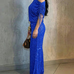Women's Two-Piece Rhinestone Lounge Suit Skew Neck Top and Wide-Leg Pant Set Elegant Commuter Outfit with Pockets