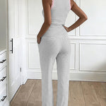 Women's 2 Piece Lace Trim Stripe Lounge Set Sleeveless Tank Top and Wide Leg Pants Set Rib Knit Pajamas Set with Pockets