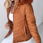 Zipper Pocket Design Shirred Fuzzy Trim Fleece Lined Hooded Puffer Jacket