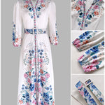 Floral Print V Neck Three Quarters Tied Detail Blouse Dress Casual A Line Slim Fit Maxi Dress