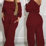 Off Shoulder V Back Elastic Waist Pockets Design Jumpsuit Casual Drop Shoulder Cinched Waist Wide Leg Jumpsuit