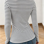 Women's Striped U-Neck Long Sleeve Top Contrast Trim Fitted T Shirt