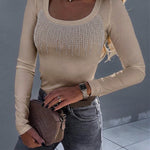 Women's Square Neck Long Sleeve Top Rhinestone Ribbed Knit Shirt Slim Fit Casual Sparkly Tee