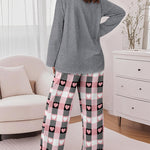 2 Pieces Outfit Good Night Slogan Print Long Sleeve Top and Plaid Print Elastic Waist Pants Set Casual Heart Print Pajamas Set