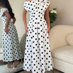 Women's Skew Neck Polka Dot Maxi Dress Ruched A-Line Swing Dress Elegant Party Cocktail Dress with Pockets