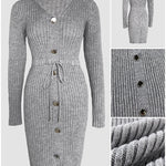 Button Decor V-Neck Long Sleeve Knit Bodycon Dress Drawstring Waist Ribbed Mini Dress