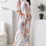 Women's 2 Piece Marble Print Pajama Set Half Sleeve Side Slit Top and Straight Leg Pants Casual Loungewear