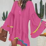 Colorblock V-Neck Bell Sleeve A Line Tassel Mini Dress Vacation Dress