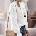 Women's French Style Eyelet Embroidery Blouse Elegant Frill Hem Stand Collar Puff Sleeve Top Lace Patchwork Shirt
