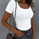 Women's Square Neck Ribbed T-Shirt Rhinestone Short Sleeve Top Slim Fit Knit Tee Basic Tee
