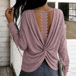 Women's Backless Lace Spliced Twist Back Long Sleeve Top Loose Casual Tee