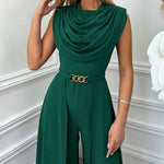 Women's Cowl Neck Wide Leg Jumpsuit High Waist Sleeveless Chiffon Overlay Spliced Evening Overalls with Belt