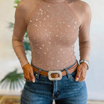 Women's Rhinestone Mesh Long Sleeve Top Mock Neck Sparkle Slim Fit Tee