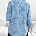 Women's Rhinestone Floral Jacquard Lapel Loose Casual Shirt Button Front Denim Look Top