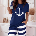 2 Pieces Outfit Anchor Pattern Short Sleeve Top and Striped Elastic Waist Pants Set Casual Pajamas Set