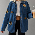 Women's Rhinestone Denim Shacket Vintage Badge Embroidered Button Down Long Sleeve Washed Jean Jacket