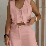 Women's Two Piece Outfits Faux Two Piece Sleeveless Crop Top and High Waisted Wide Leg Pants Elegant Matching Suit