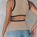Women's Ribbed Contrast Trim Tank Top Sleeveless Crew Neck Cutout Slim Fit Stretch Casual Top