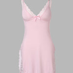 Lace Trim Adjustable Straps Side Slit Bowknot Decor Modal Cami Sleep Dress