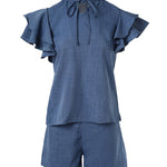 Women's Denim Look Two Piece Set Ruffle Short Sleeve Tie Neck Top and High Waist Shorts Casual Matching Set