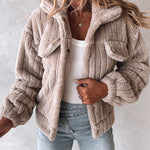 Textured Striped Turn-down Collar Button Front Elastic Cuff and Hem Teddy Fleece Jacket With Decorative Flap Pockets