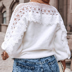 Crewneck Guipure Lace Long Sleeve Hollow Out Knit Sweaters Pullover Tops