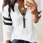 Striped Print Zipper Front Long Sleeve Top  Waffle Knit Loose Fitting Tunic Tops