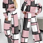 Geometric Print Colorblok Hoodie & Wide Leg Pant Set