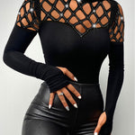 Rhinestone Hollow Out Cold Shoulder Long Sleeve Top Casual Tee
