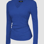 Chicme Built In Bra Notch Neck Long Sleeve Shirts Rib Knit Ruched Waist Top