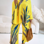 2 Pieces Outfit Plants Print Cold Shoulder Batwing Sleeve Top and Casual Wide Leg Pants Set