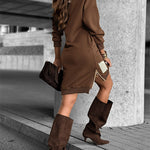 Long Sleeve Drop Shoulder Side Zipper Slit Casual Mini Dress