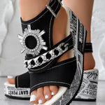 Newspaper Rhinestone Gear Pattern Slingback Platform Wedge Sandals