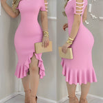 Cold Shoulder Beaded Slit Bodycon Dress Ruffle Hem Zipper Back Party Dress