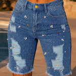 Women's Y2K Rhinestone Pearl Denim Bermuda Shorts Ripped Raw Hem Distressed Colorful Embellished Jean Shorts