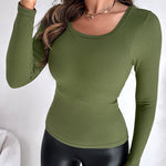 Built In Bra U Neck Tee High Stretchy Knit T-Shirt Long Sleeve Top
