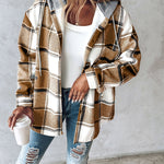 Plaid Pattern Long Sleeve Shacket Button Down Fleece Lined Hooded Jackets Warm Coat