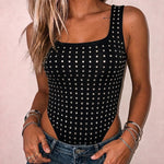 Women's Rhinestone Square Neck Sleeveless Bodysuit Sparkle Slim Fit Bodysuit