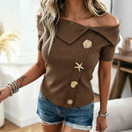 Women's Foldover Off Shoulder Rib-Knit Top Slim Fit Short Sleeve Tee with Gold Button Detail