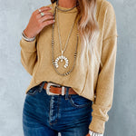 Women's Ribbed Knit Long Sleeve Top Casual Seam Crewneck Pullover