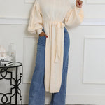 Cable Textured High Neck Lantern Sleeve Bow Tie Waist Sweater Casual High Slit Knit Longline Top