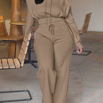 2 Pieces Outfit Long Sleeve Crop Drawstring Hoodie Sweatshirt with Thumb Hole Cuffs and Casual Drawstring Elastic Waist Wide Leg Sweatpants Set