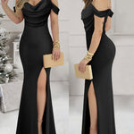Cold Shoulder Pearls Strap Cowl Neck Evening Bodycon Dress Elegant High Slit Fishtail Maxi Dress