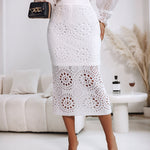 Crochet Pattern Elastic Waist Hollow-out Mid-Calf Skirt Casual Commuting Skirt