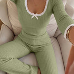 Women's 2 Piece Ribbed Lounge Sets Lace Trim Long Sleeve Top and High Waisted Pants Pajamas Sets with Pockets