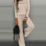 Women's Ribbed Knit Brushed Set Lace Patchwork Long Sleeve Top and Wide Leg Pants 2 Piece Lounge Set with Pockets
