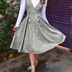 V-Neck Sleeveless Double Breasted Decor A Line Party Dress Causal Ziper Back Peplum Hem Commuting Dress